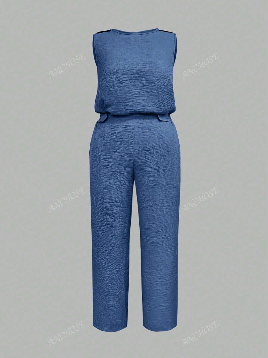 Conjunto de 2 Peças, Colete Sem Manga e Calça Casual com Bolso Inclinado e Detalhe de Botão, Conjunto Elegante para Ir e Vir no Outono/Verão, Plus Size