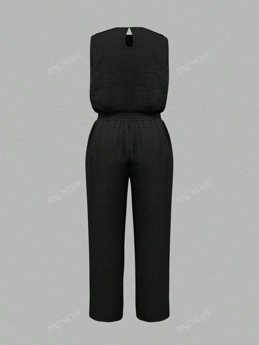 Conjunto de 2 Peças, Colete Sem Manga e Calça Casual com Bolso Inclinado e Detalhe de Botão, Conjunto Elegante para Ir e Vir no Outono/Verão, Plus Size
