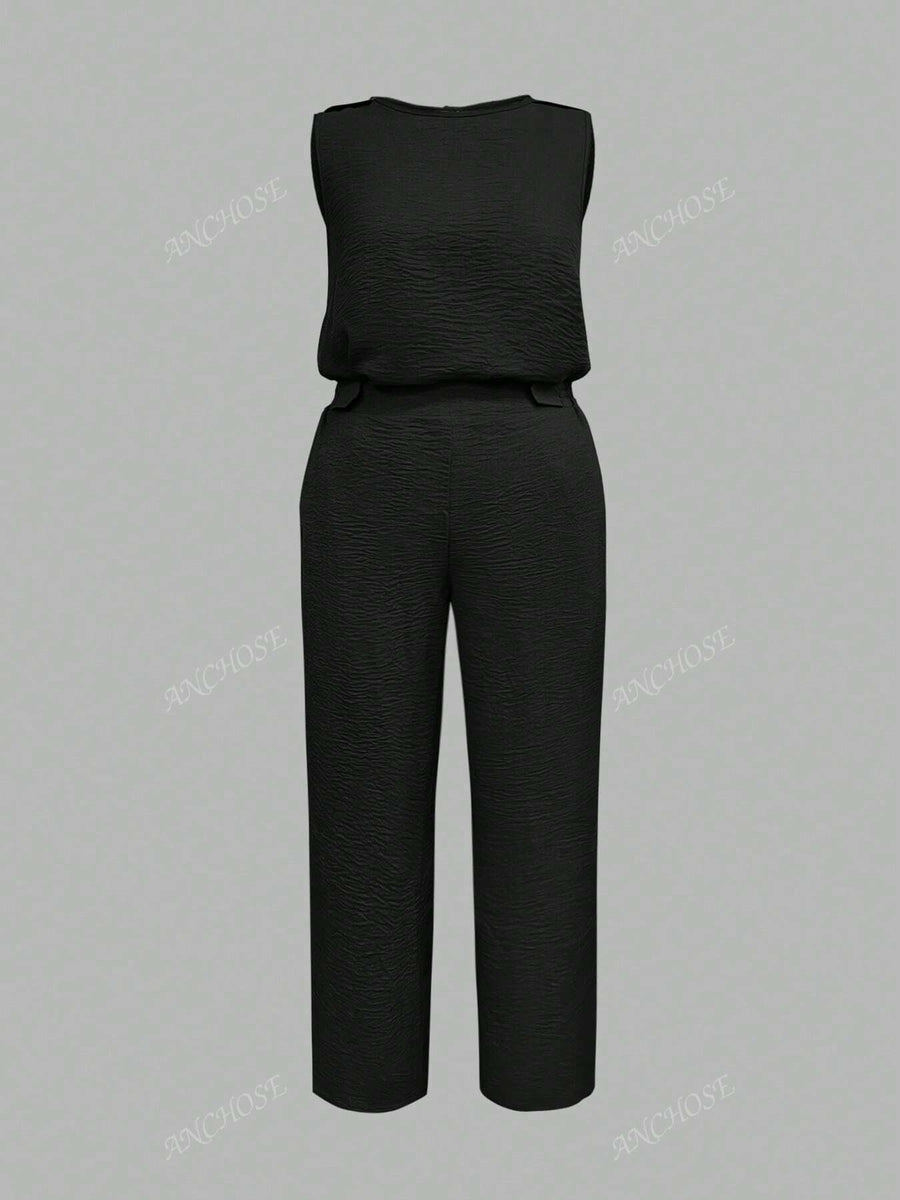Conjunto de 2 Peças, Colete Sem Manga e Calça Casual com Bolso Inclinado e Detalhe de Botão, Conjunto Elegante para Ir e Vir no Outono/Verão, Plus Size