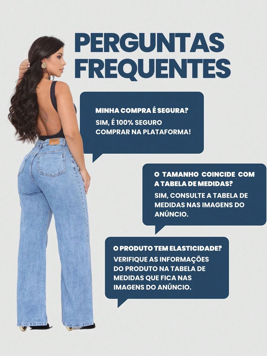 Vendedor Indicado
Calça Wide Leg Jeans Feminina Denim Levanta Bumbum Cós Alto tecido grosso Premium Lavagem Clara ou Grafite Perna Larga Marmorizada