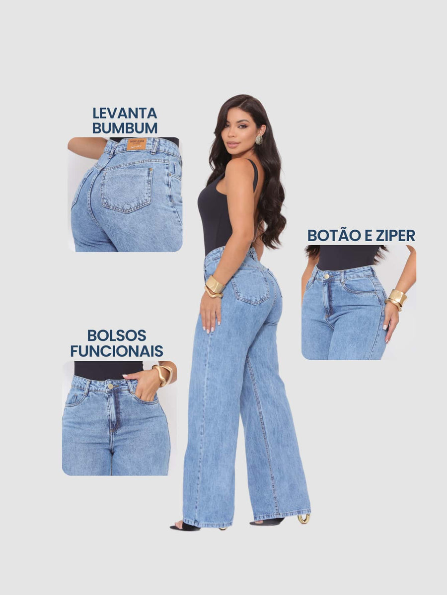Vendedor Indicado
Calça Wide Leg Jeans Feminina Denim Levanta Bumbum Cós Alto tecido grosso Premium Lavagem Clara ou Grafite Perna Larga Marmorizada