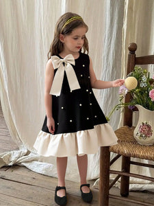 SHEIN Vestido Infantil Verão Nova Bainha em Linha A com Babados, Laço de Pérolas e Sem Mangas, Vestido Elegante de Princesa em Estilo Francês Minimalista para Uso Diário