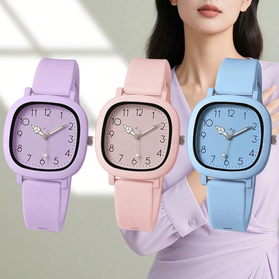 3 Peças/Conjunto Relógio de Quartzo Feminino da Moda com Pulseira de Silicone, Combinação de Relógio de Pulso da Moda Adequada para Uso Diário, Presente de Aniversário para Familiares e Amigos