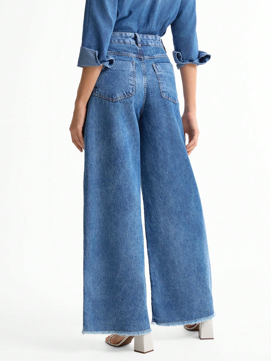 Daynim Calça Jeans Feminina Wide Leg Barra Desfiada