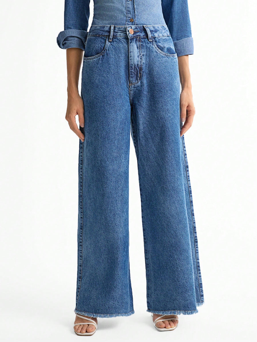 Daynim Calça Jeans Feminina Wide Leg Barra Desfiada