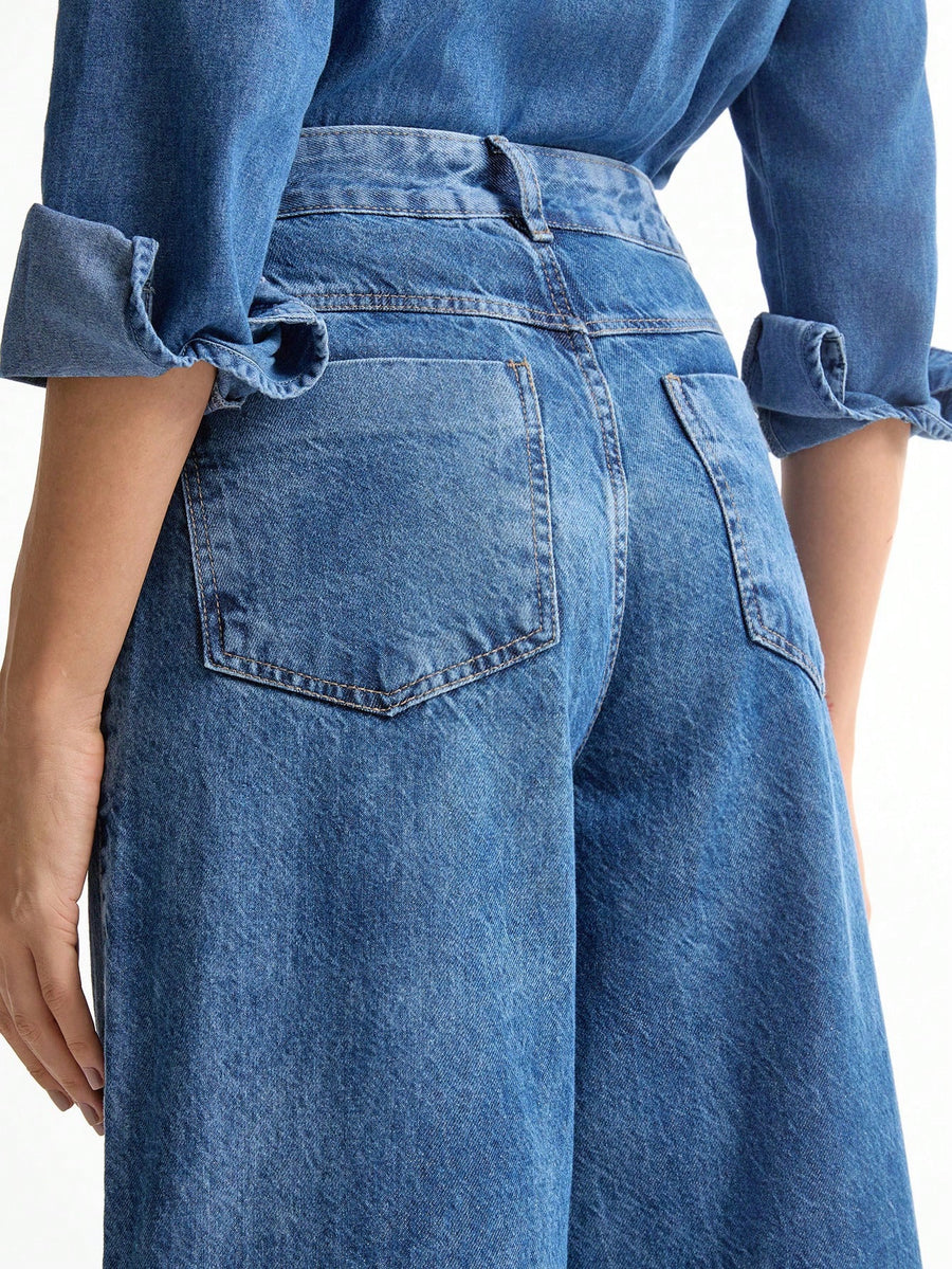 Daynim Calça Jeans Feminina Wide Leg Barra Desfiada