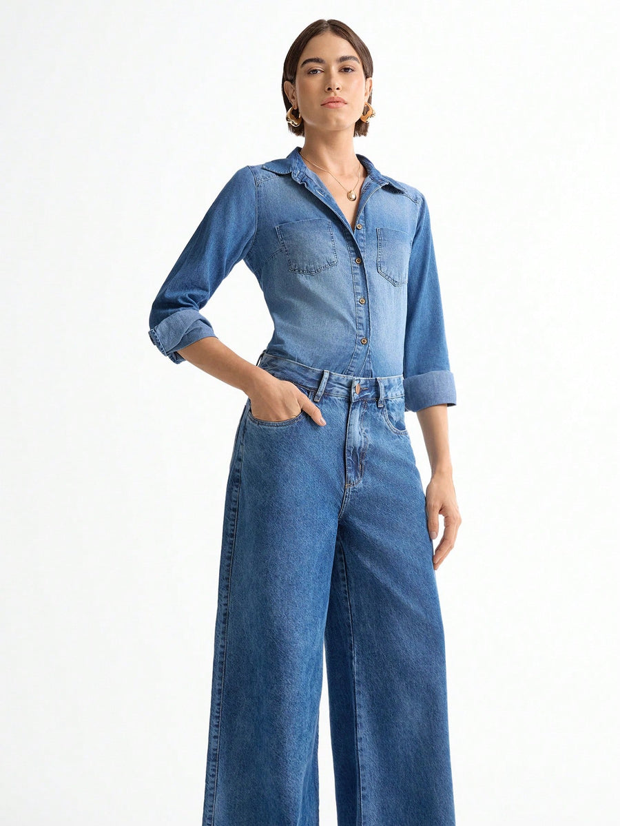 Daynim Calça Jeans Feminina Wide Leg Barra Desfiada