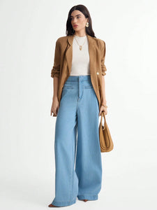 Daynim Calça Jeans Feminina Wide Leg Alfaiatada