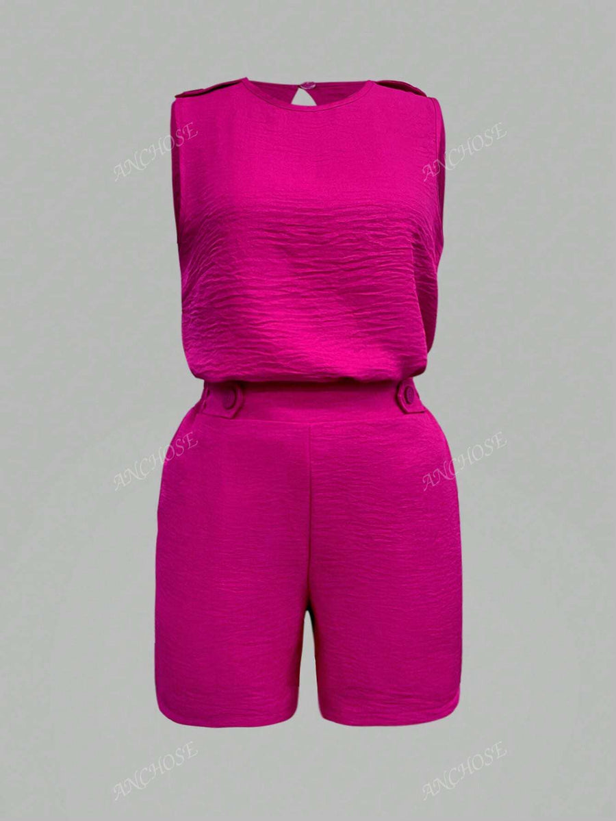 Conjunto de 2 Peças Feminino, Top Regata e Shorts Casuais e Elegantes, com Bolsos Inclinados e Detalhes de Botões