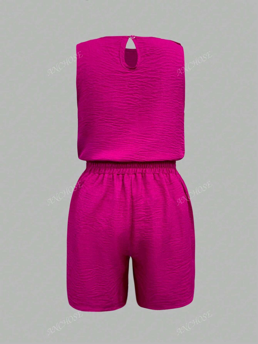 Conjunto de 2 Peças Feminino, Top Regata e Shorts Casuais e Elegantes, com Bolsos Inclinados e Detalhes de Botões