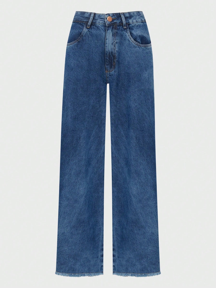 Daynim Calça Jeans Feminina Wide Leg Barra Desfiada