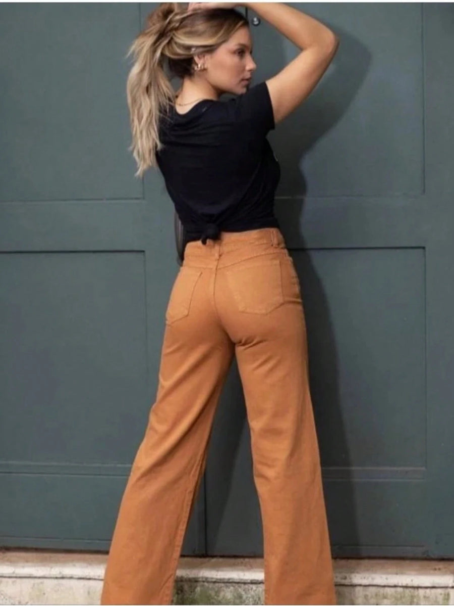 Calça Jeans Feminina Wide Leg pantalona Cintura Alta Tecido grafite
