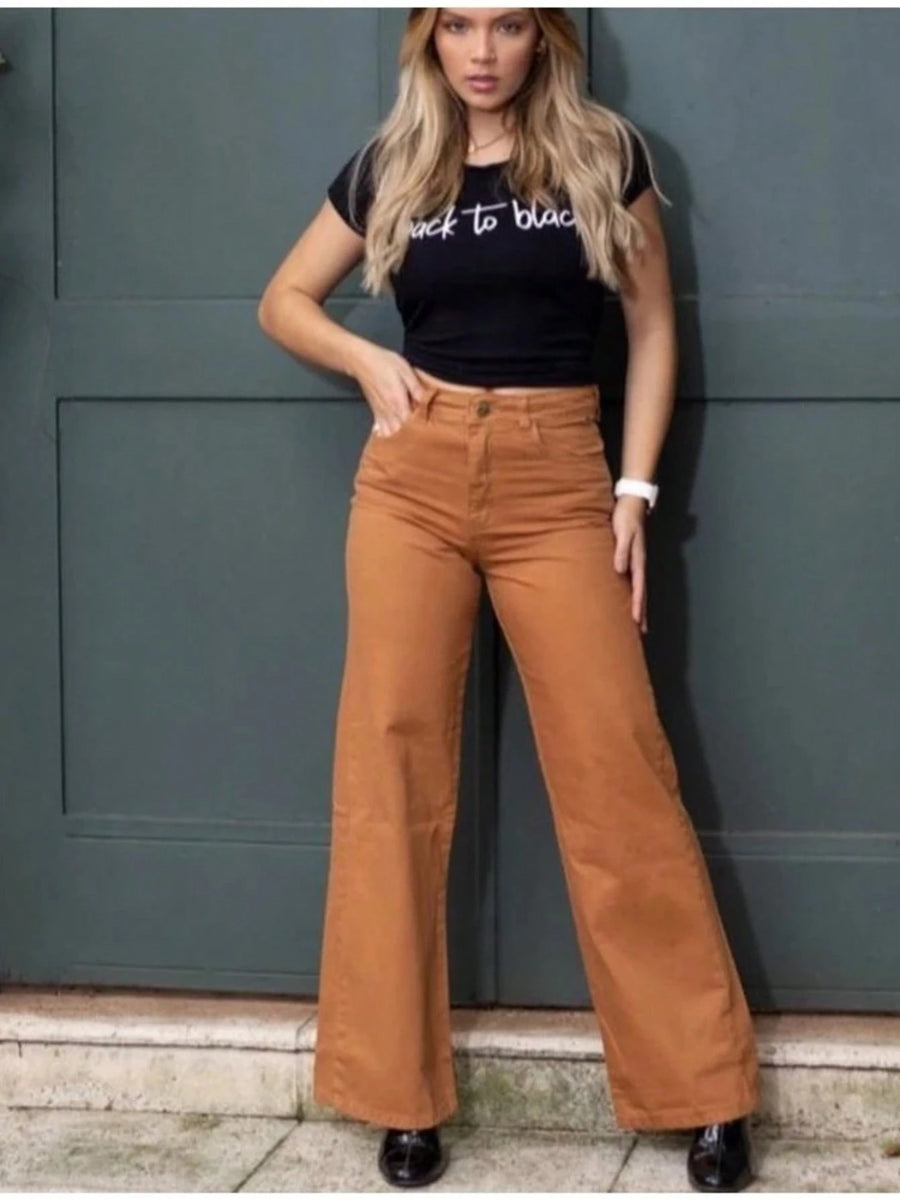 Calça Jeans Feminina Wide Leg pantalona Cintura Alta Tecido grafite