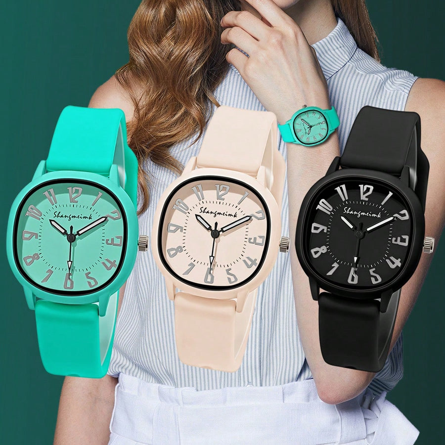3 Peças/Conjunto Relógio de Quartzo Feminino da Moda com Pulseira de Silicone, Combinação de Relógio de Pulso da Moda Adequada para Uso Diário, Presente de Aniversário para Familiares e Amigos
