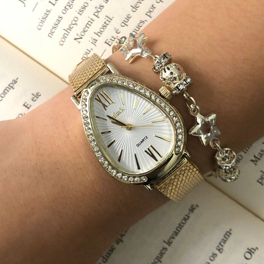 Relógio de Pulso Feminino Pulseira Elástica e plástico. Analógico Prata Rosas de ouro