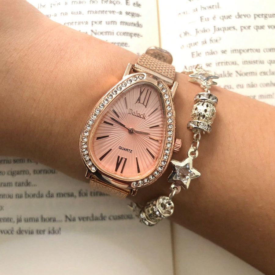 Relógio de Pulso Feminino Pulseira Elástica e plástico. Analógico Prata Rosas de ouro