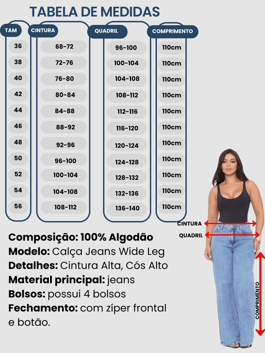 Vendedor Indicado
Calça Wide Leg Jeans Feminina Denim Levanta Bumbum Cós Alto tecido grosso Premium Lavagem Clara ou Grafite Perna Larga Marmorizada