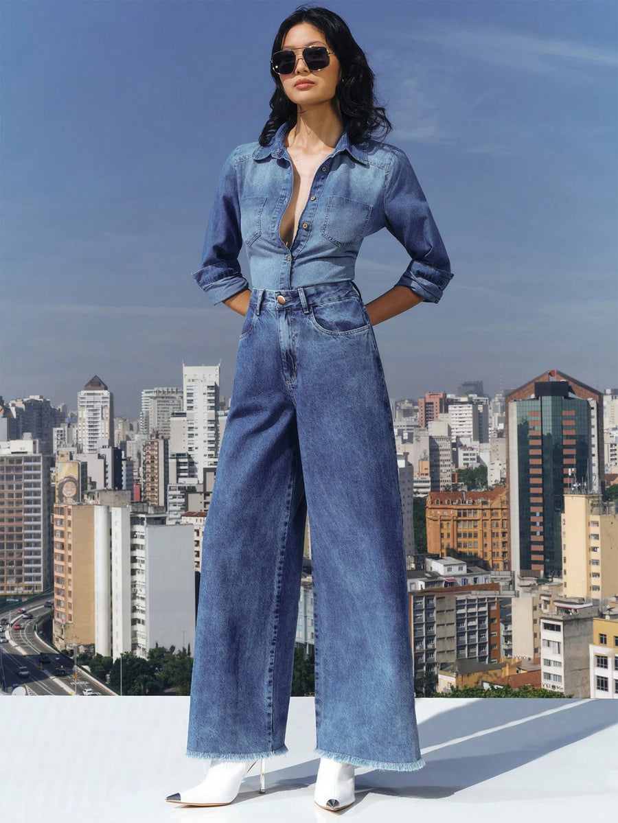 Daynim Calça Jeans Feminina Wide Leg Barra Desfiada