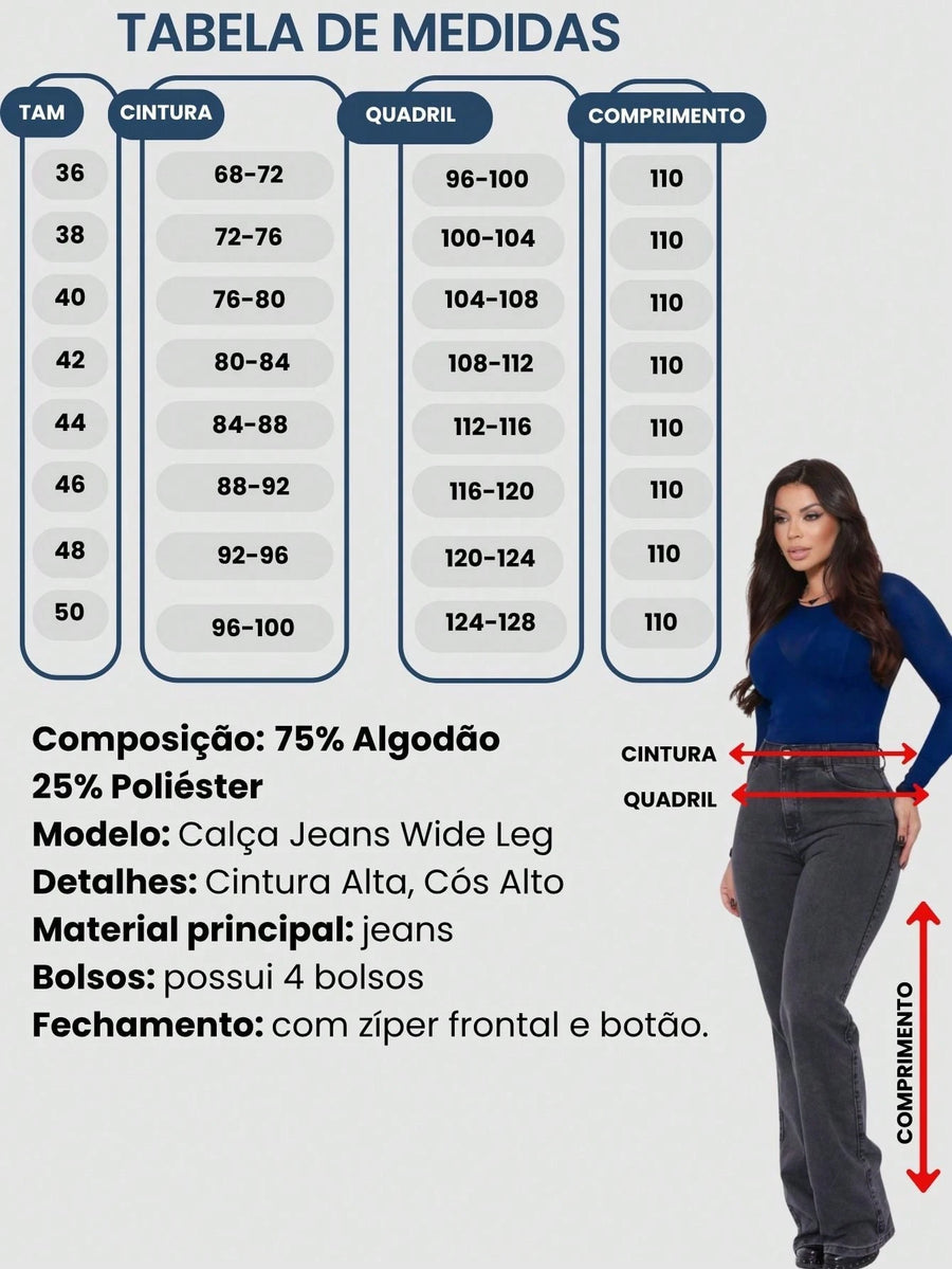 Vendedor Indicado
Calça Wide Leg Jeans Feminina Denim Levanta Bumbum Cós Alto tecido grosso Premium Lavagem Clara ou Grafite Perna Larga Marmorizada