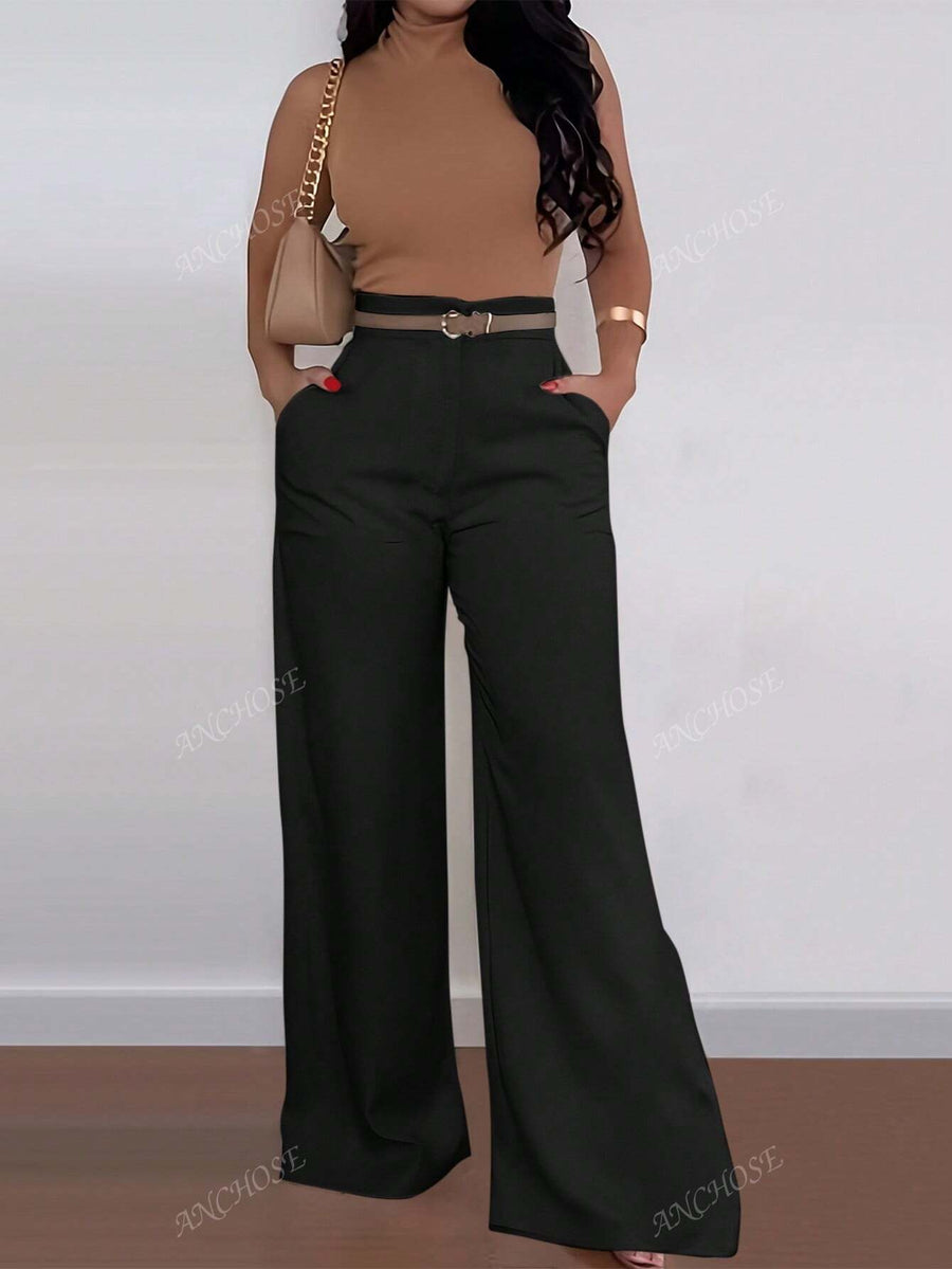 ANCHOSE Calça Flare de Cintura Alta com Bolso, Casual, Ajuste Folgado, Azul, Adequada para Verão e Outono