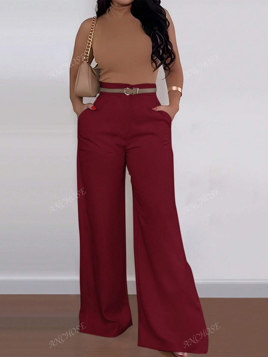 ANCHOSE Calça Flare de Cintura Alta com Bolso, Casual, Ajuste Folgado, Azul, Adequada para Verão e Outono