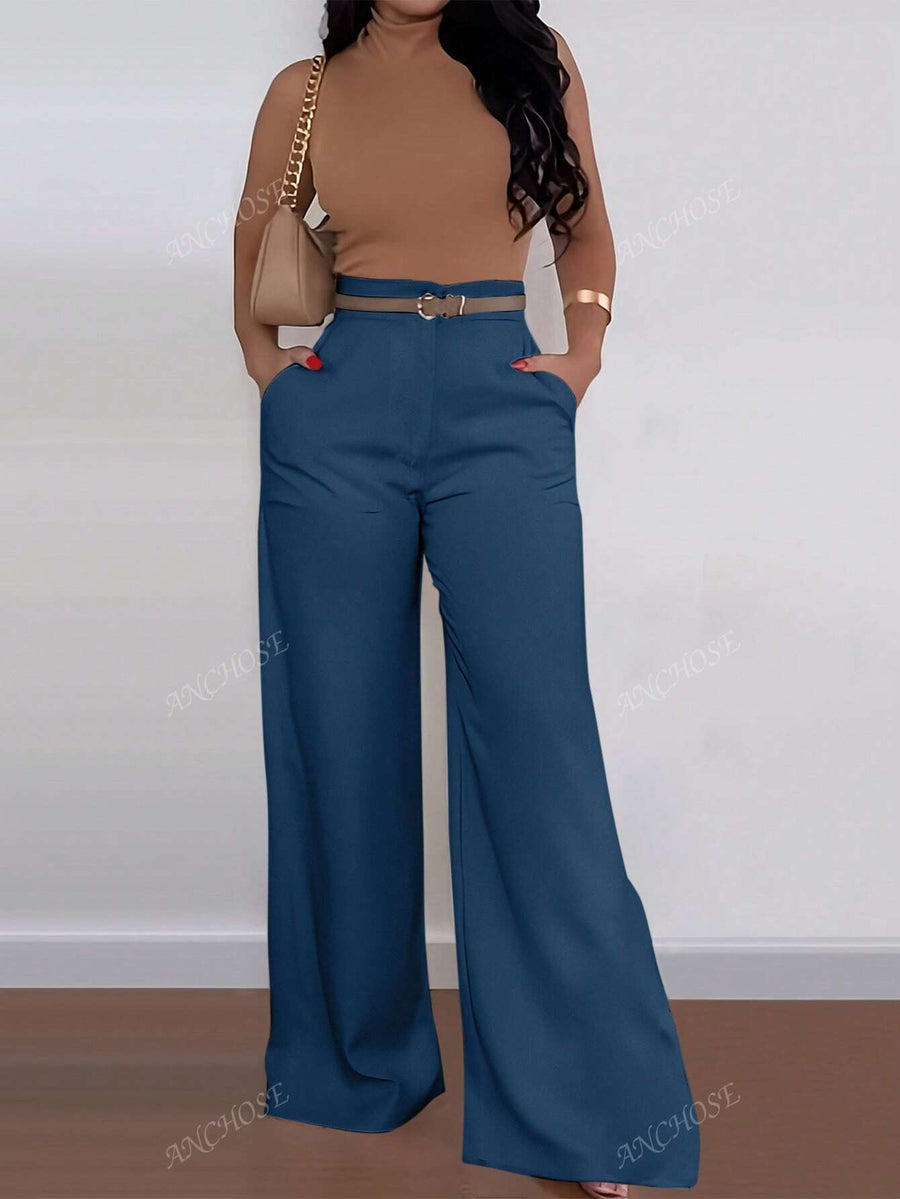 ANCHOSE Calça Flare de Cintura Alta com Bolso, Casual, Ajuste Folgado, Azul, Adequada para Verão e Outono