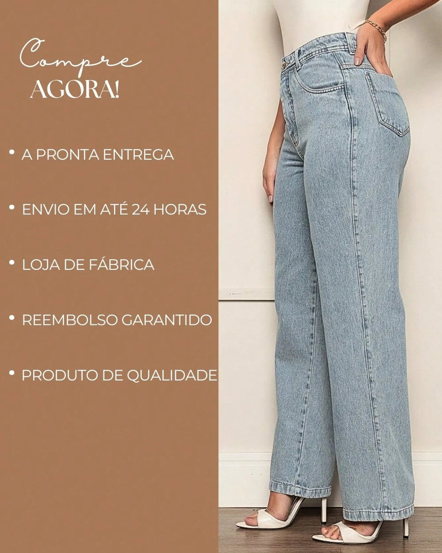 Vendedor IndicadoCalça Jeans Feminina Pantalona Wide Leg 100% Jeans Boca Larga Gaven Tecido Grosso Premium Boca de Sino