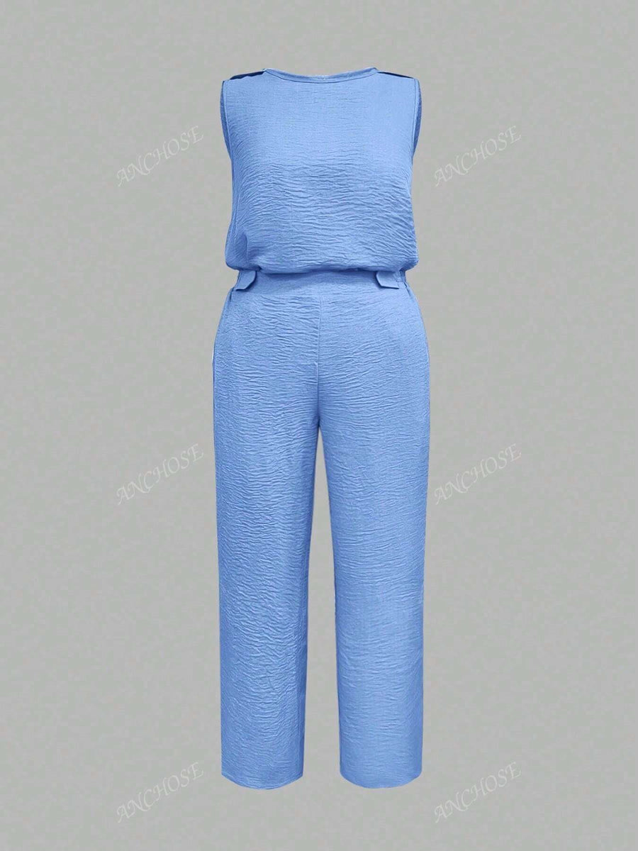 Conjunto de 2 Peças, Colete Sem Manga e Calça Casual com Bolso Inclinado e Detalhe de Botão, Conjunto Elegante para Ir e Vir no Outono/Verão, Plus Size