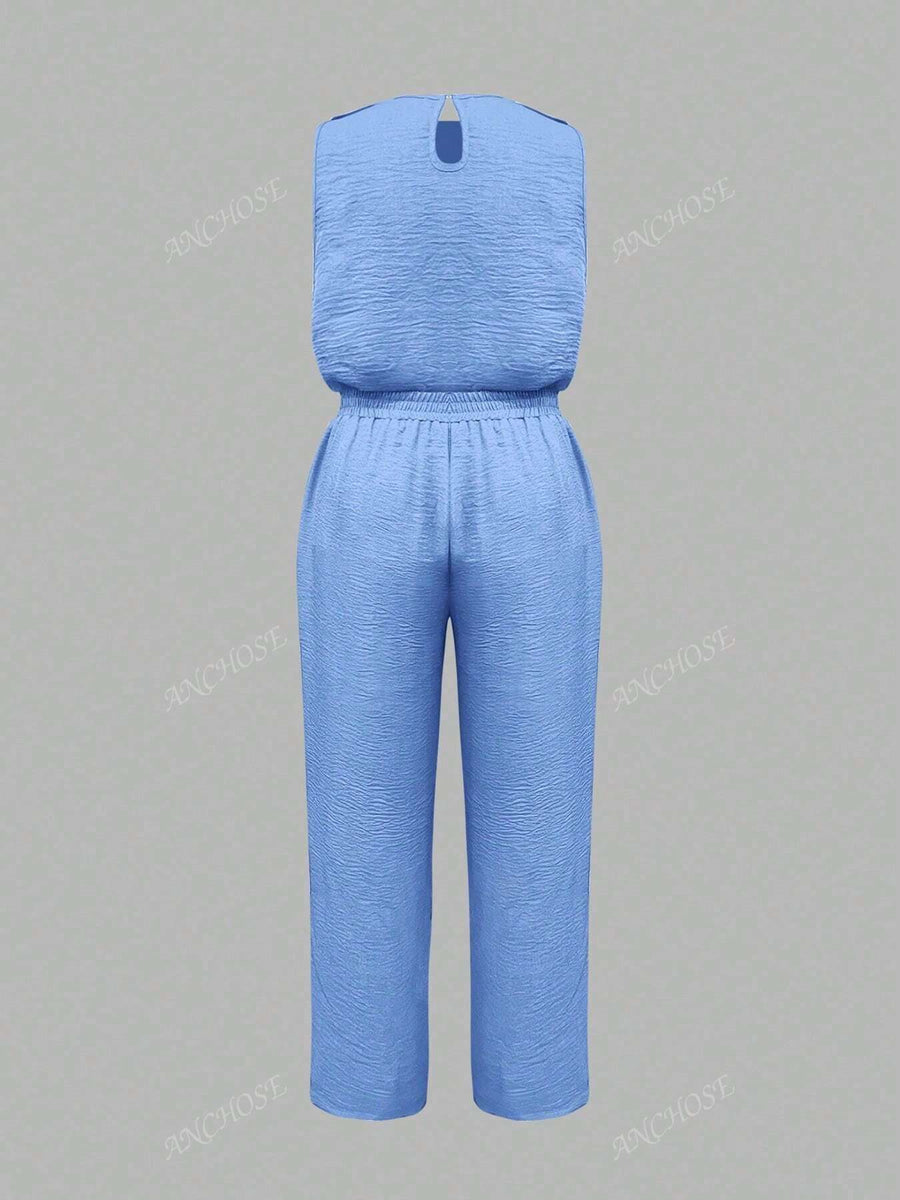 Conjunto de 2 Peças, Colete Sem Manga e Calça Casual com Bolso Inclinado e Detalhe de Botão, Conjunto Elegante para Ir e Vir no Outono/Verão, Plus Size