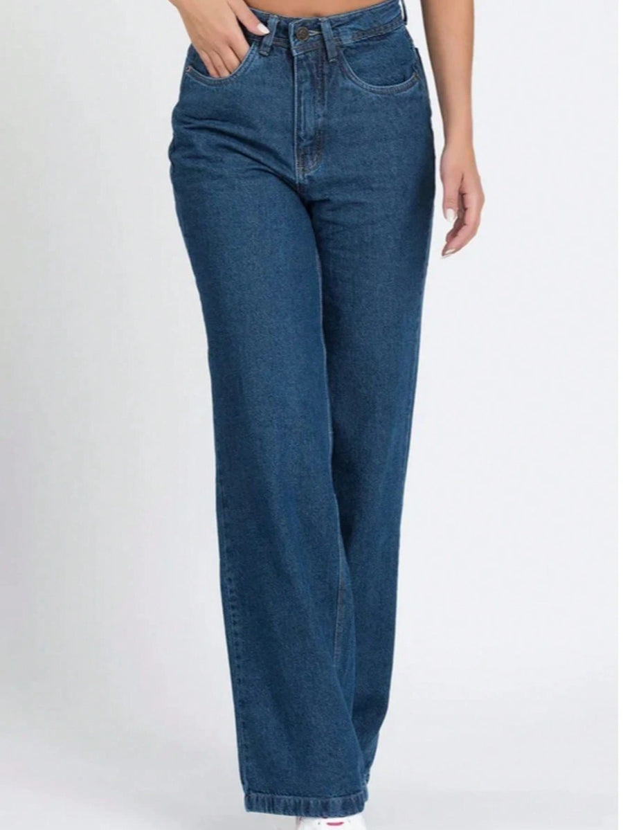 Calça Wide Leg Pantalona Jeans Feminina Cintura Alta Levanta Bumbum