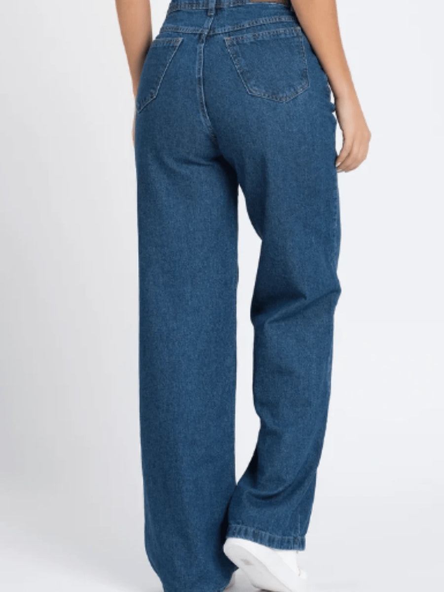 Calça Wide Leg Pantalona Jeans Feminina Cintura Alta Levanta Bumbum