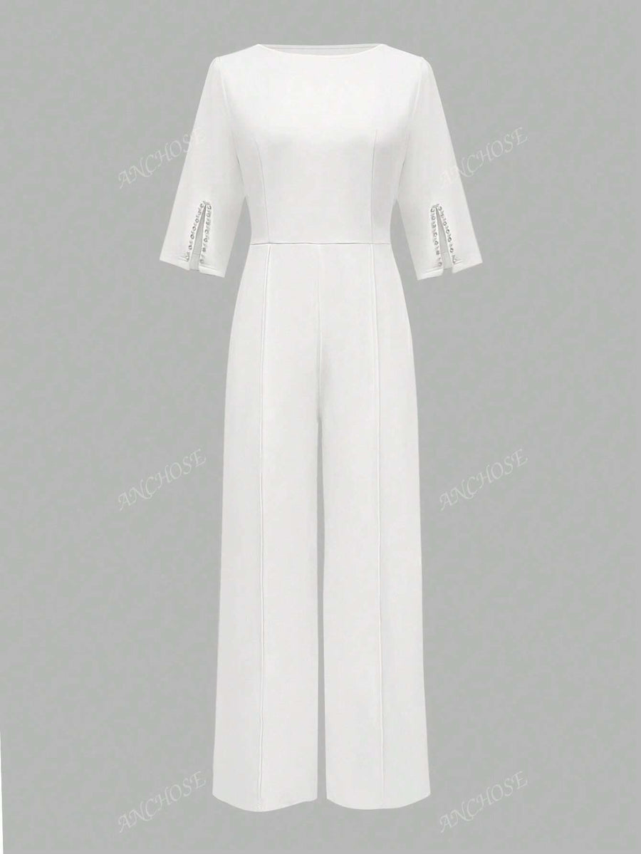 ANCHOSE Macacão Elegante Monocromático Feminino com Fenda e Decoração de Pérolas no Punho e Cintura, Adequado para Uso em Trajeto Matinal no Início do Outono