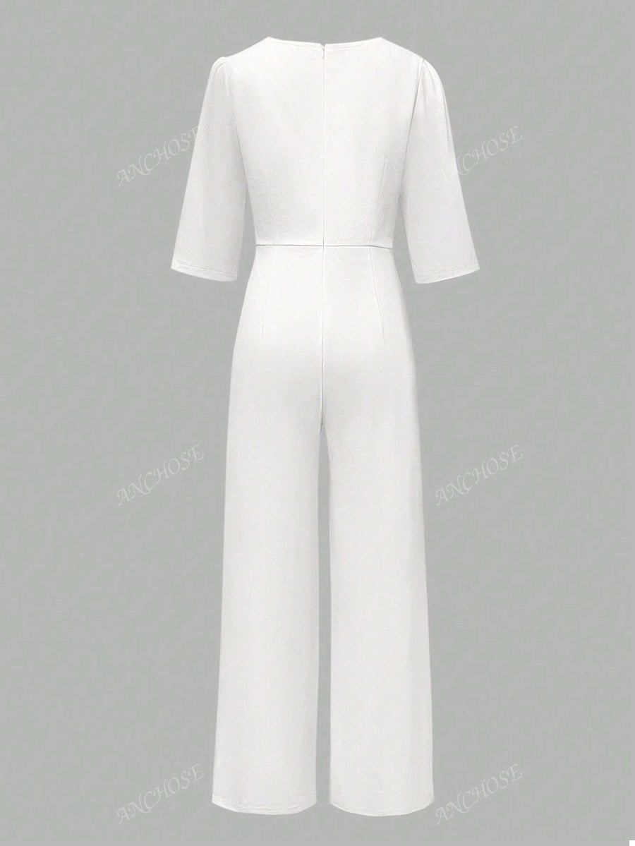 ANCHOSE Macacão Elegante Monocromático Feminino com Fenda e Decoração de Pérolas no Punho e Cintura, Adequado para Uso em Trajeto Matinal no Início do Outono