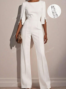 ANCHOSE Macacão Elegante Monocromático Feminino com Fenda e Decoração de Pérolas no Punho e Cintura, Adequado para Uso em Trajeto Matinal no Início do Outono