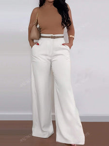 ANCHOSE Calça Flare de Cintura Alta com Bolso, Casual, Ajuste Folgado, Azul, Adequada para Verão e Outono