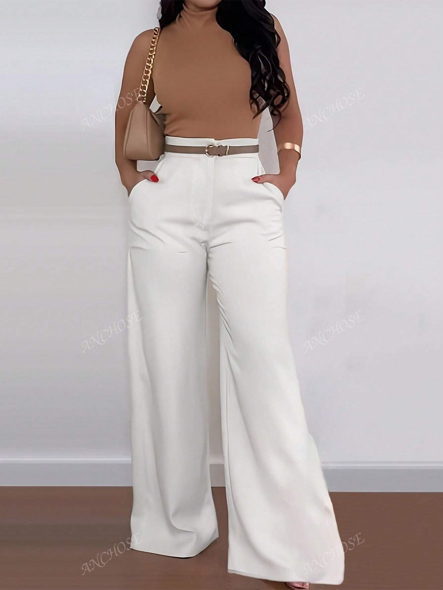 ANCHOSE Calça Flare de Cintura Alta com Bolso, Casual, Ajuste Folgado, Azul, Adequada para Verão e Outono