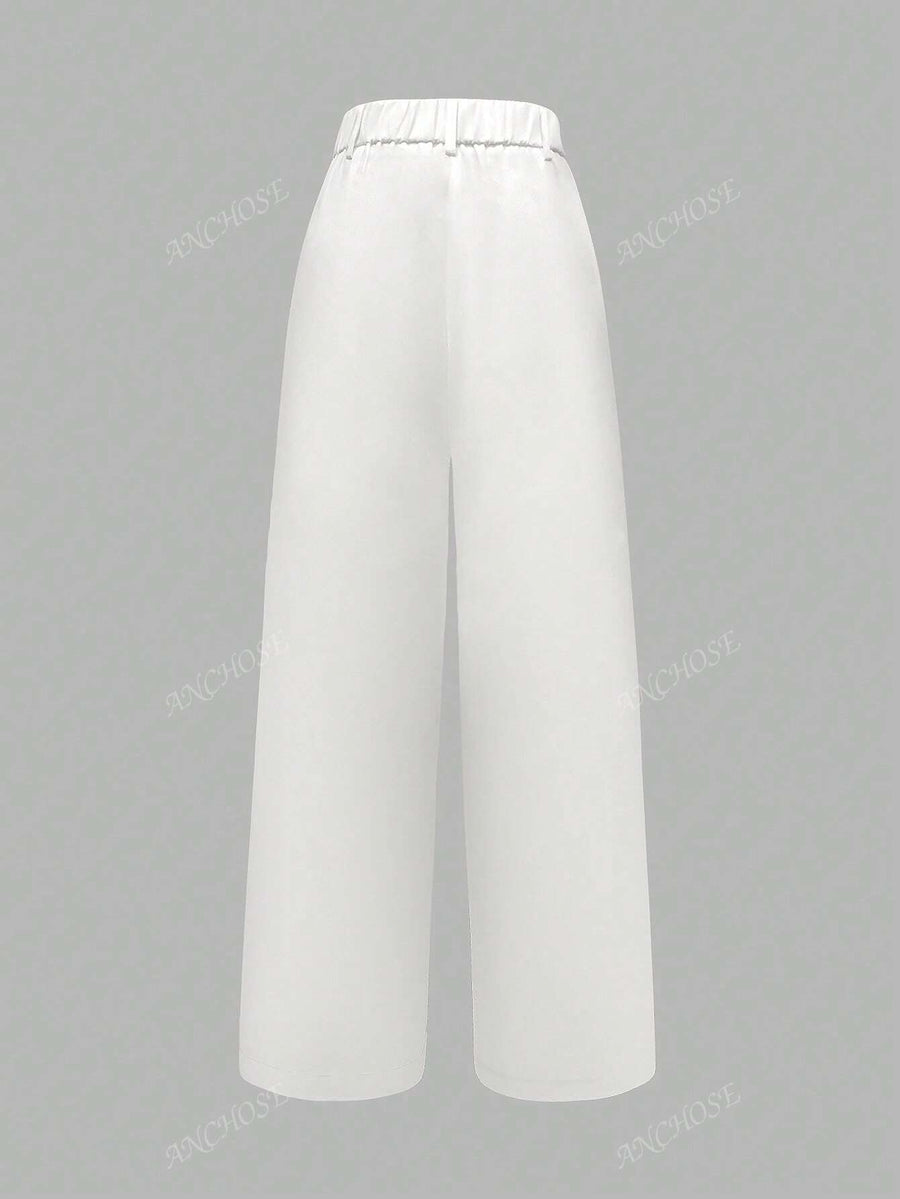 ANCHOSE Calça Flare de Cintura Alta com Bolso, Casual, Ajuste Folgado, Azul, Adequada para Verão e Outono