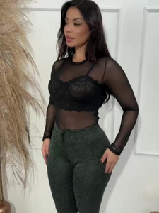 Body Tule Feminino Transparente Manga Langa Com Gola Alta