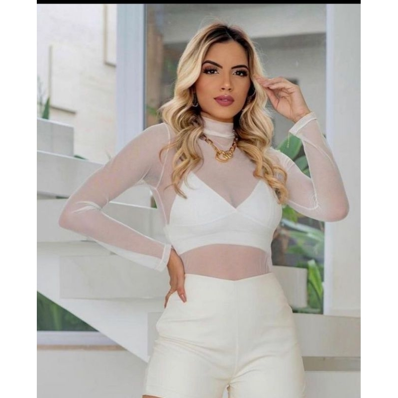 Body Tule Feminino Transparente Manga Langa Com Gola Alta