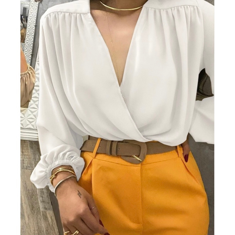 Blusa Feminina Manga Longa Decotada Transpassada Corte V Elegante no Punho e Cintura.