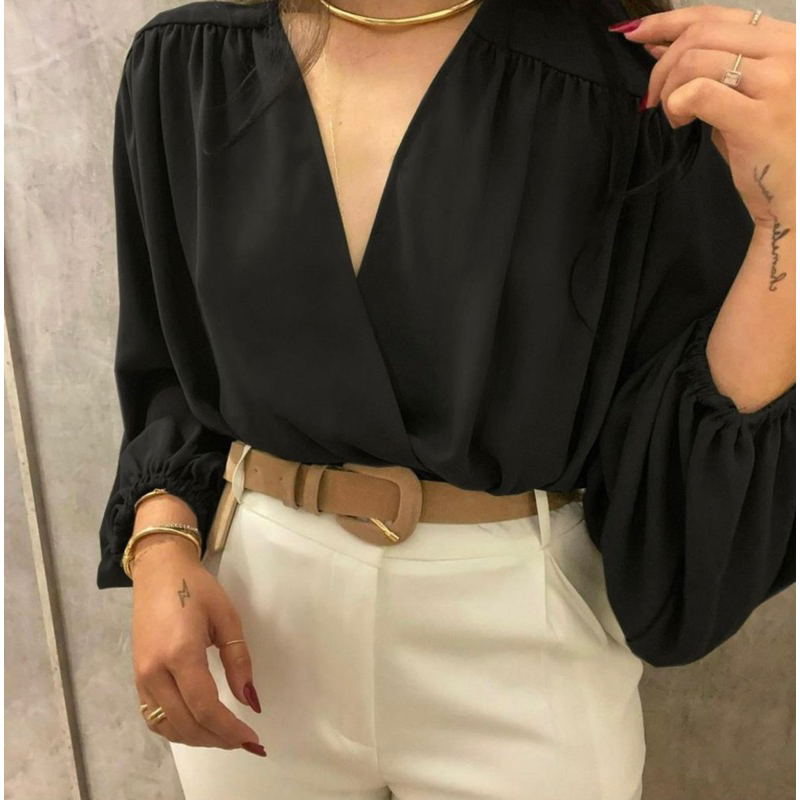 Blusa Feminina Manga Longa Decotada Transpassada Corte V Elegante no Punho e Cintura.
