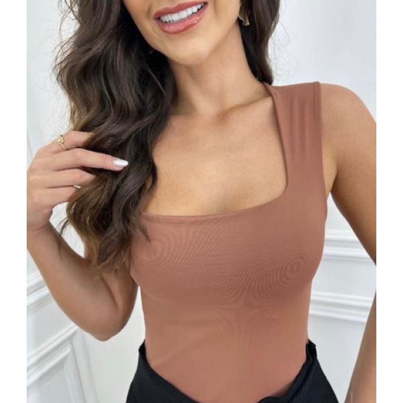 Body Feminino Regata Decotado Quadrado em Suplex Premium Forrado Elegante Básico Casual.