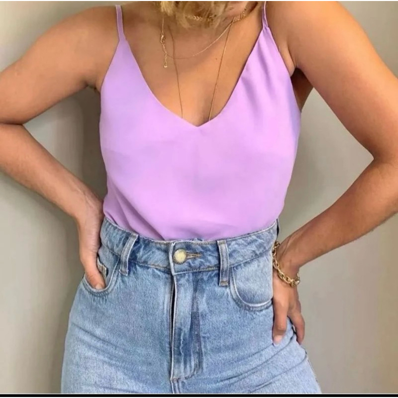 Blusa Regata Alcinha Fina Feminina Duna Liso Top Decote V Elegante, Básica, Trabalho Moda Tendência Verão .