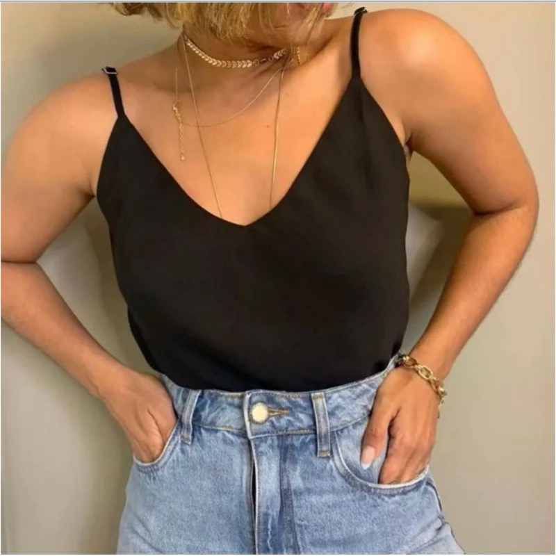 Blusa Regata Alcinha Fina Feminina Duna Liso Top Decote V Elegante, Básica, Trabalho Moda Tendência Verão .
