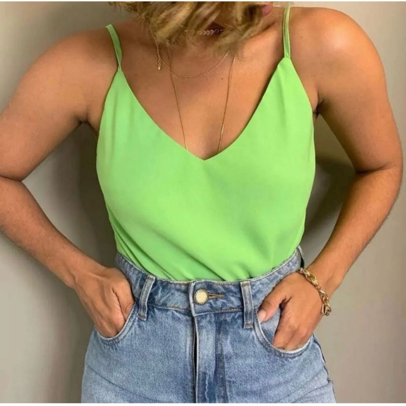 Blusa Regata Alcinha Fina Feminina Duna Liso Top Decote V Elegante, Básica, Trabalho Moda Tendência Verão .