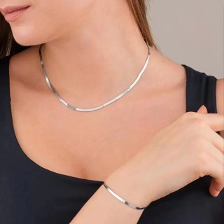 Conjunto Feminino Colar de Osso de Cobra Laminado e Pulseira Corrente Banhados a Ouro 18k Elegância