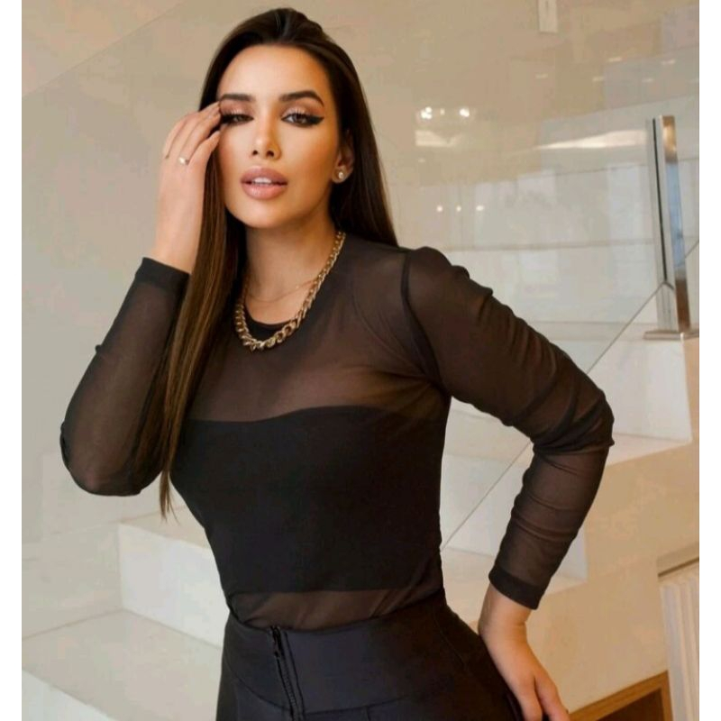 Body Tule Feminino Transparente Manga Langa Com Gola Alta
