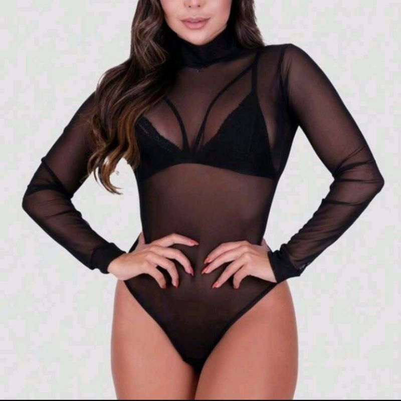 Body Tule Feminino Transparente Manga Langa Com Gola Alta
