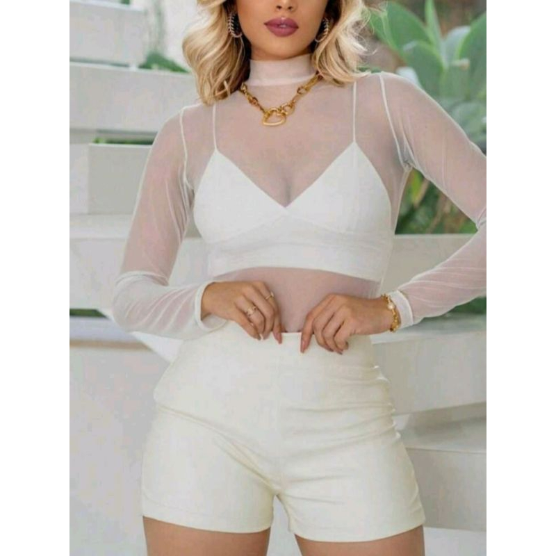 Body Tule Feminino Transparente Manga Langa Com Gola Alta