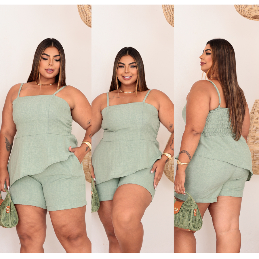 Conjunto Feminino Assimetrico Plus Size Blusa y Short com alça regulavel